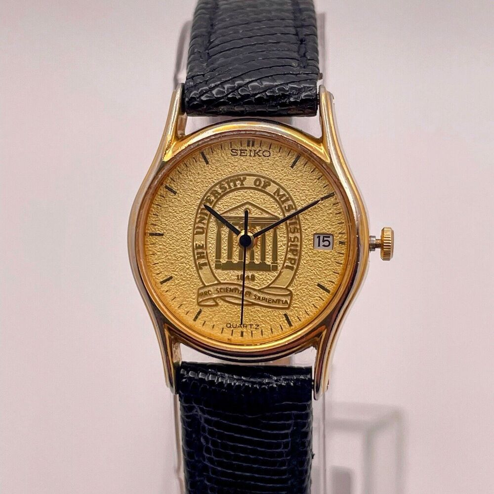 Seiko University of Mississippi Quartz Watch - Gold Dial, Genuine Lizard Strap